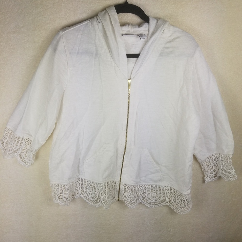 Zenergy by Chico's Hoodie Womens 3 White Crochet Lace Trim Zip Front pockets‎
